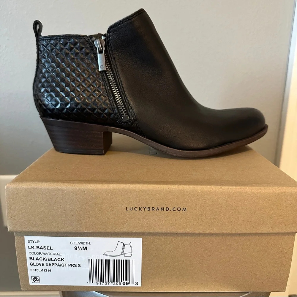 Lucky Brand Womens Basel Ankle Bootie. Size 9.5. Black Leather. New In B…